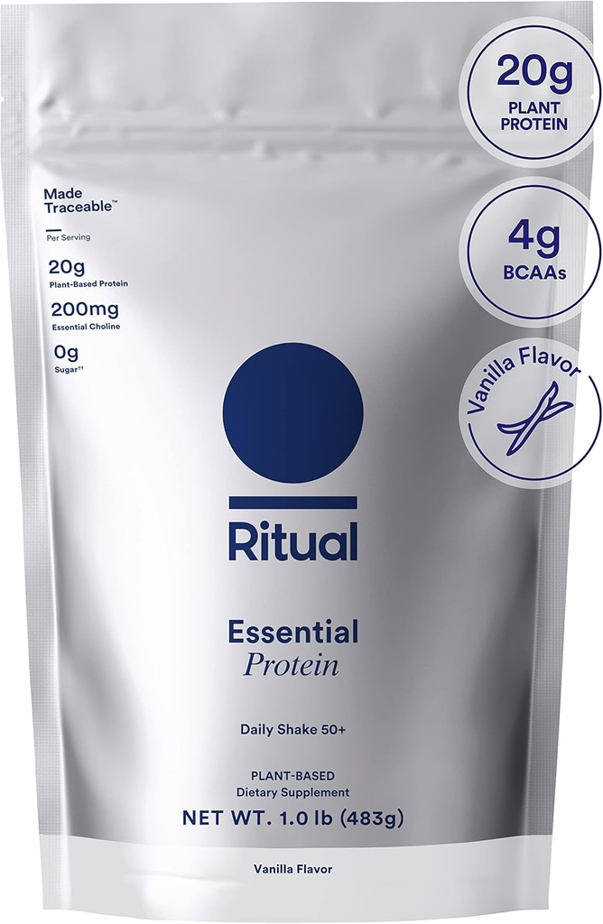 Rituaali 50+ Vegaaniproteiinijauhe BCAA:lla: 20g Organic Pea Protein from Regenerative Farms in USA, Plant Based, Käsintehty vanilja, 3rd Party Testattu, Gluteeniton, Dairy-free, ei-GMO, 1 Lbs