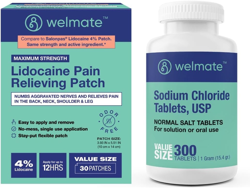 WELMATE Recovery Bundle: Natriumkloriditabletit, 300ct + 4% lidokaiinia Numbering Patch 30 lla