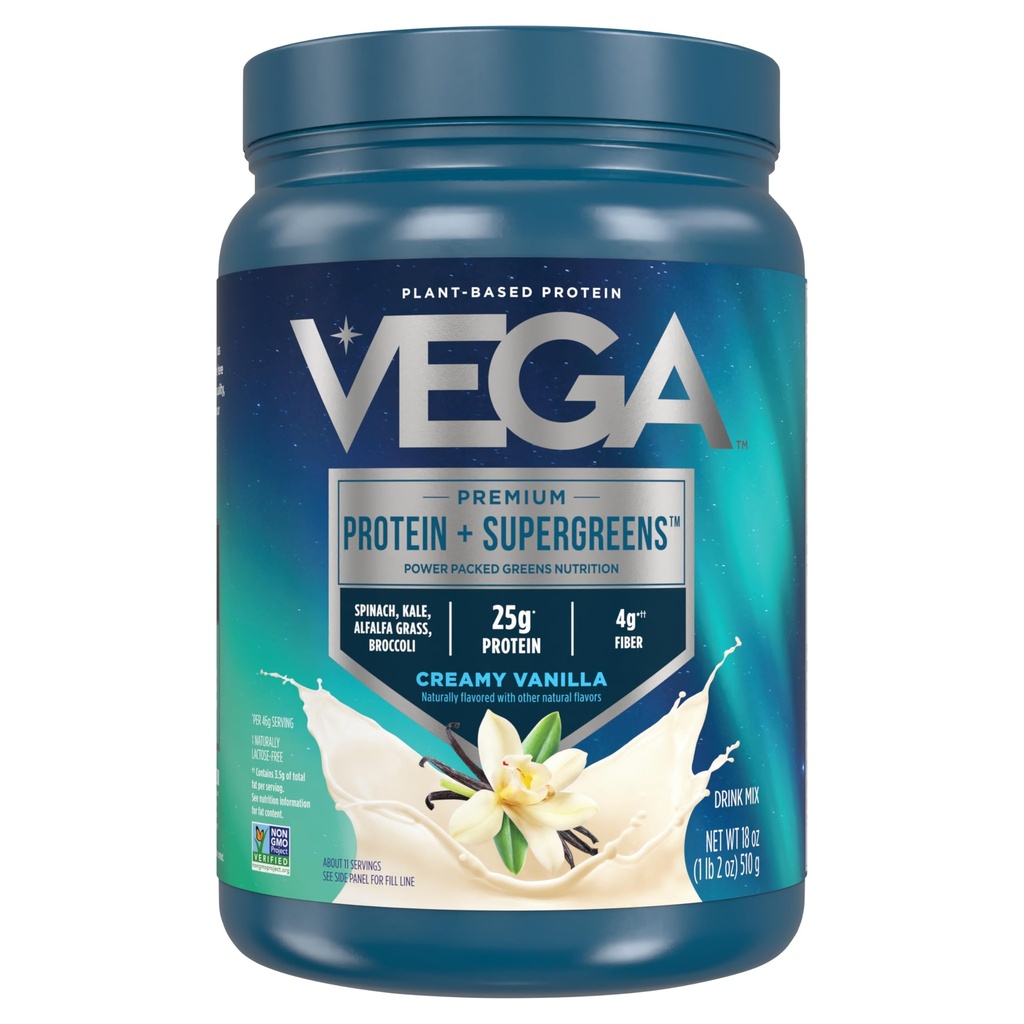 Vega Protein and Greens Protein Powder Creamy Vanilla (11 tarjoilua) 25g Kasviperäistä proteiinia Plus kasviksia, kasviksia, ei-GMO, Pea Protein for Women and Men, 1,2lbs
