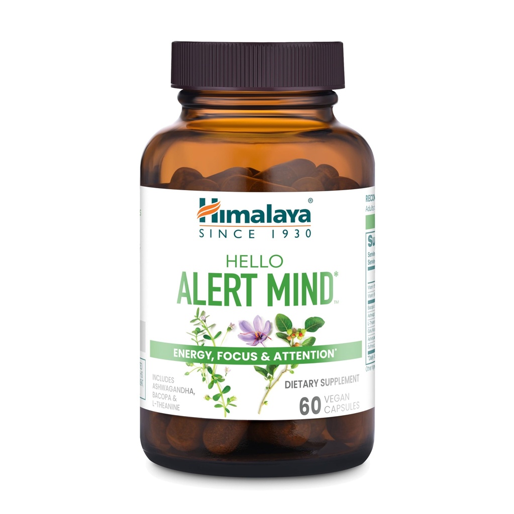 Himalaya Hello Alert Mind with L-Theanine, Ashwagandha, Bacopa, B6-vitamiini & B12, for Energy, Focus & Account, Vegan, Gluteeniton, 60 kapselia