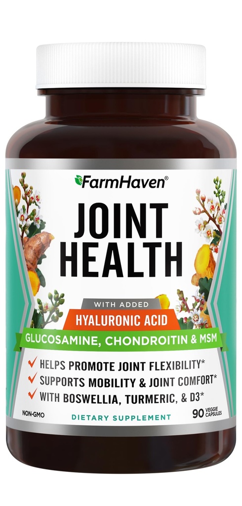 FarmHaven Glukosamiini Chondroitin MSM Boswellia, Turmeric. Lisätty hyaluronihappo ja D3-vitamiini.