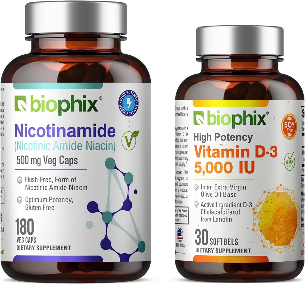 biophix B-3 Nikotinamid 500 mg 180 Vcaps Plus Free Vitamin D-3 5000 IE 30 Softgels - Nikotin Amide Niacin Natural Flush-Free Vitamin Formel - Stöder hudcellshälsa