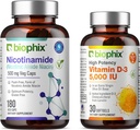 Biophix B-3 Nikotinamidi 500 mg 180 Vcaps Plus vapaa D-3 5000 IU 30 Softgels - Nikotinic Amide Niacin luonnollinen flush-vapaa vitamiini Formula - tukee ihon solujen terveyttä