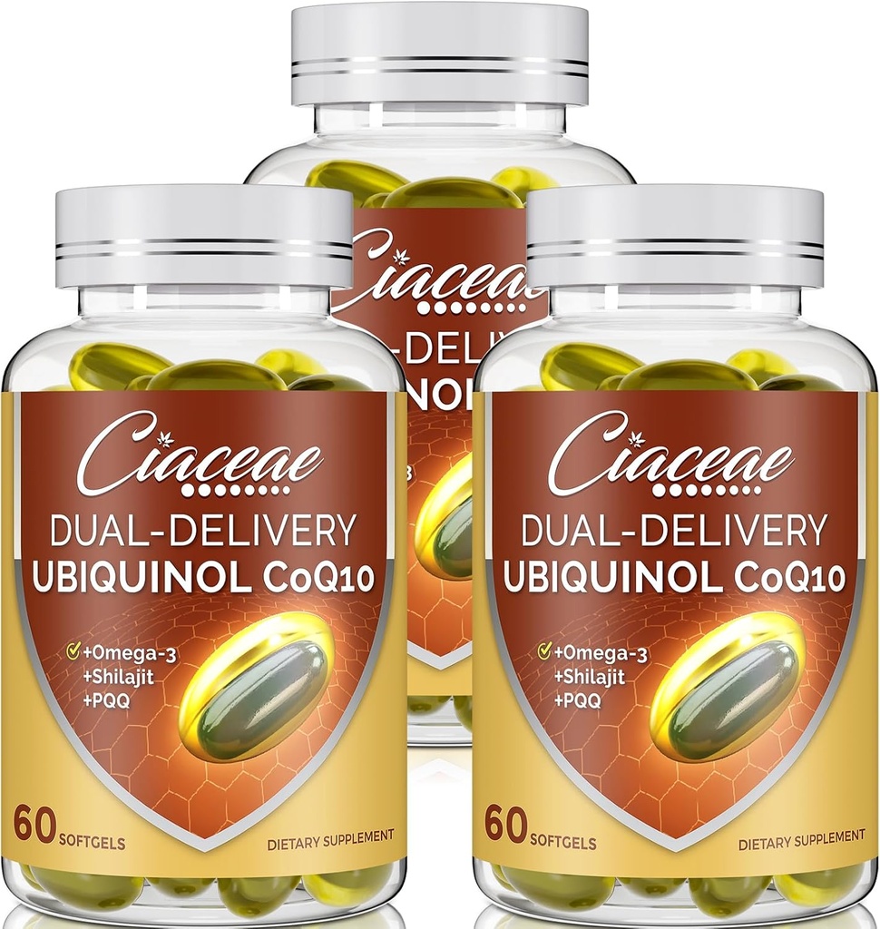 Ubiquinol CoQ10 600 MG Softgels med Omega-3 & Shilajit & PQQ, Advanced Dual-Delivery Coenzyme-Q10, Active CoQ10 Ubiquinol Supplement för fertilitet, antioxidant, hjärta, hjärna och energi, 180 portioner