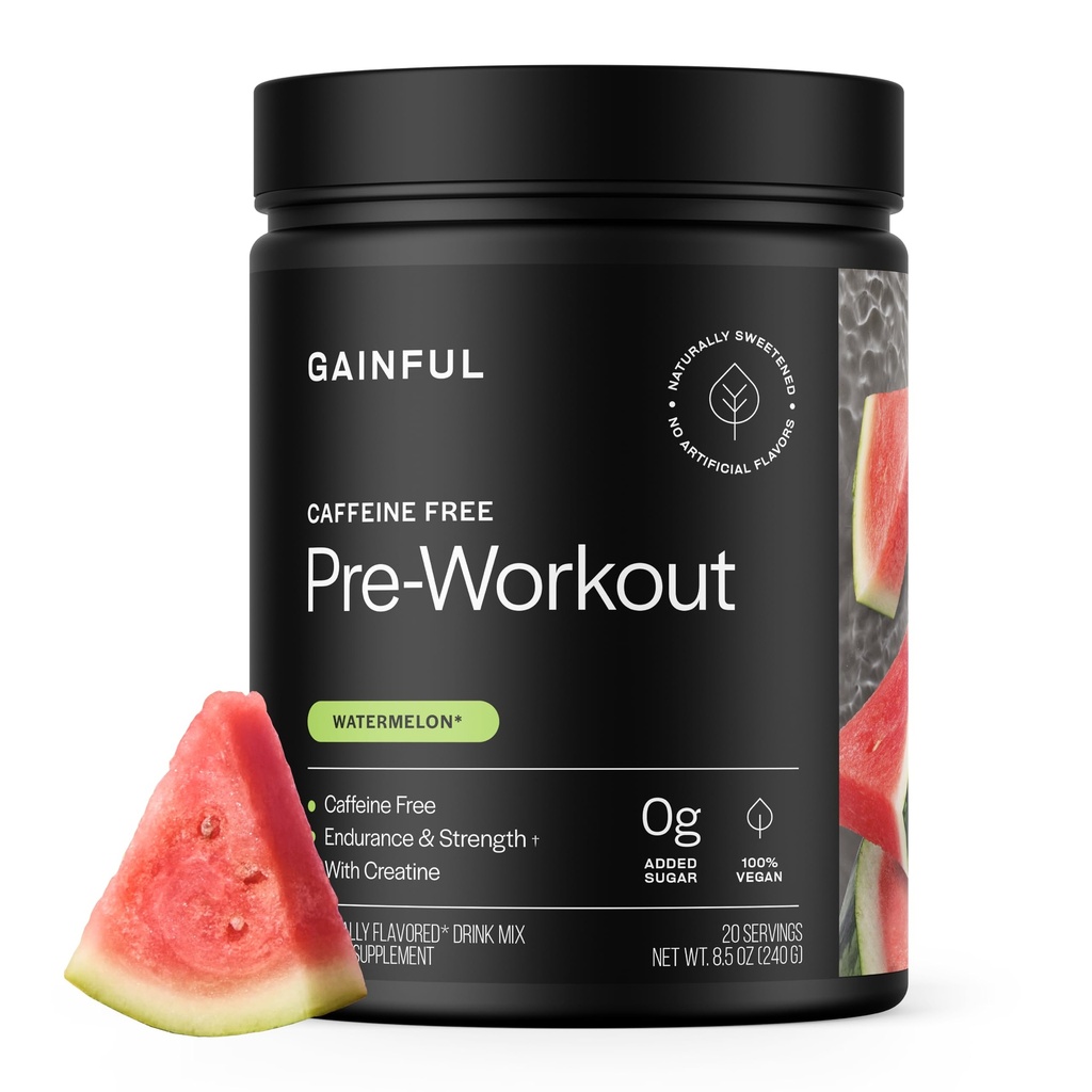 Ginful Comfeine Free Pre workout jauhe Creatiini, Watermelon Flavor, tukee vahvuus, Endurance, & Recovery, BCAAs, Beta Alanine, L-sitruliini, Ei keinotekoisia ainesosia, 20 tarjoiluja