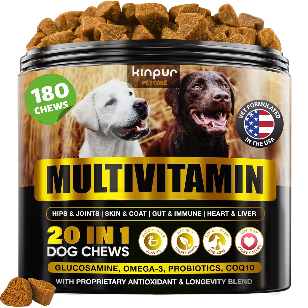 20-in-1 Dog Multivitamiini täydentää - immuniteetti, digestio, Joint ja Heart Health Support - Natural Dog Vitamiinit Biotin, Msm, Karpalo, Glukosamiini koirille - 180 Chews