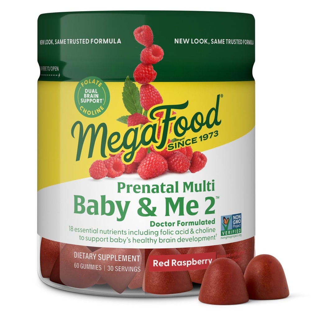 MegaFood Baby & Me 2 Prenatal Vitaminer för kvinnor Gummies med folsyra och kolin för barnets hjärnutveckling; Plus Real Fruit- Red Raspberry Flavor - 60 Gummies (30 portioner)