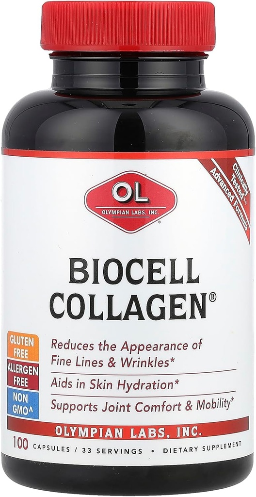 Olympian Labs Biocell Collagen II 1500 mg lisäkapselit ei-GMO, gluteeniton, Allergan-vapaa - tukee ihon ja yhteisen terveyden ja Cartilage tuottaa soluja - 100 kapselia (33 päivän tarjonta)