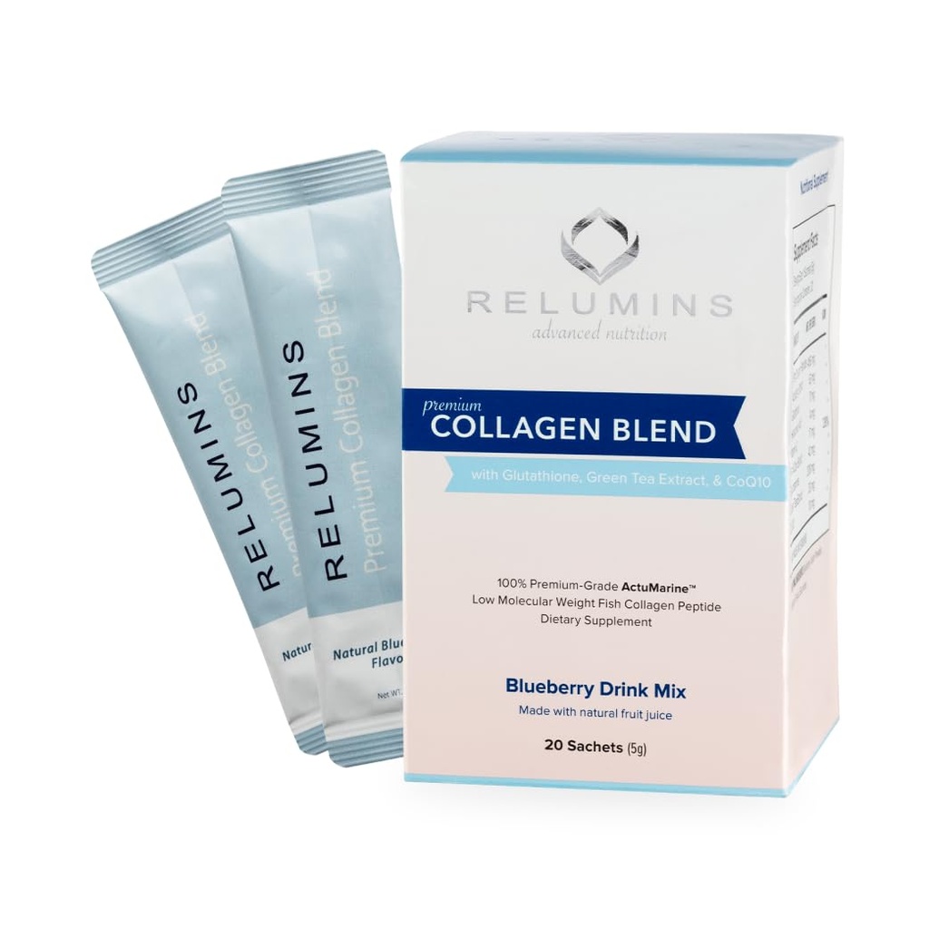 Aluminations Marine Collagen Powder Drink Mix - Collagen Peptide glutationilla, vihreällä teellä, CoQ10, & Hyaluronic Acid Boosts Smooth Glowing Skin - 20 Powder Sachets x Blueberry Flavored + 2 Free Sachets