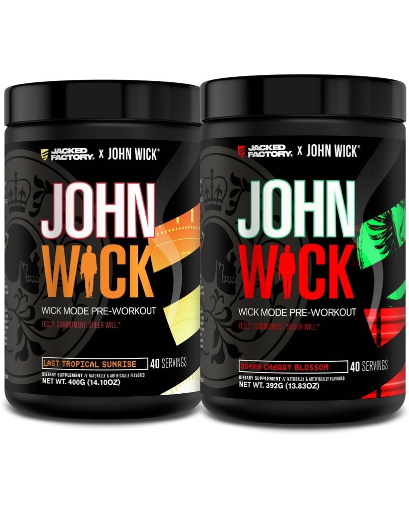 Jacked Factory X John Wick - Wick Mode Pre Treenout Powder - Intense Energy, Battle-Ready Focus, pysäyttämätön sitoutuminen, ja Sheer Will - Last Tropical Sunrise & Osaka Cherry Blossom (80 Servings)
