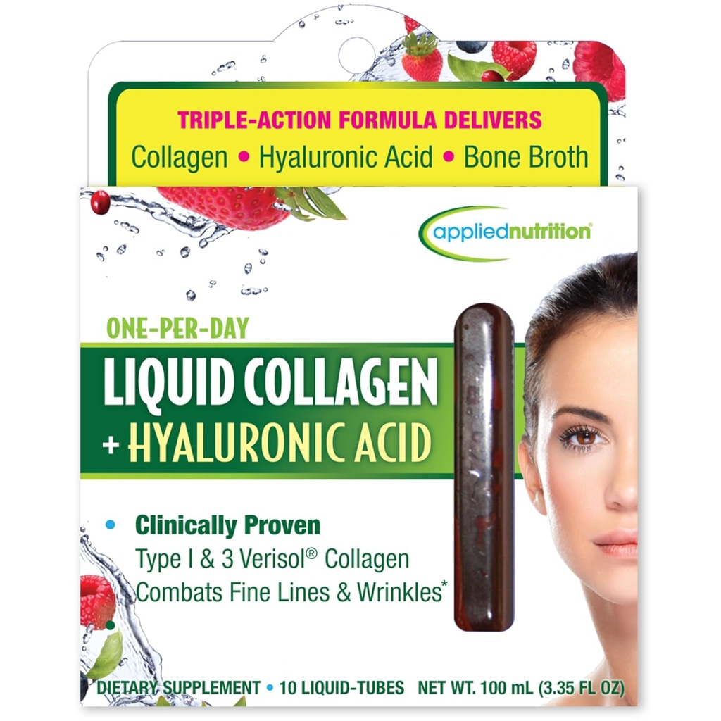 Sovellettu ravitsemus Liquid Collagen + Hyaluronic Acid - 10 nestemäiset putket - ihon ja kynsien restaurointi - sekoitettu marja maku - 10 tarjoilua