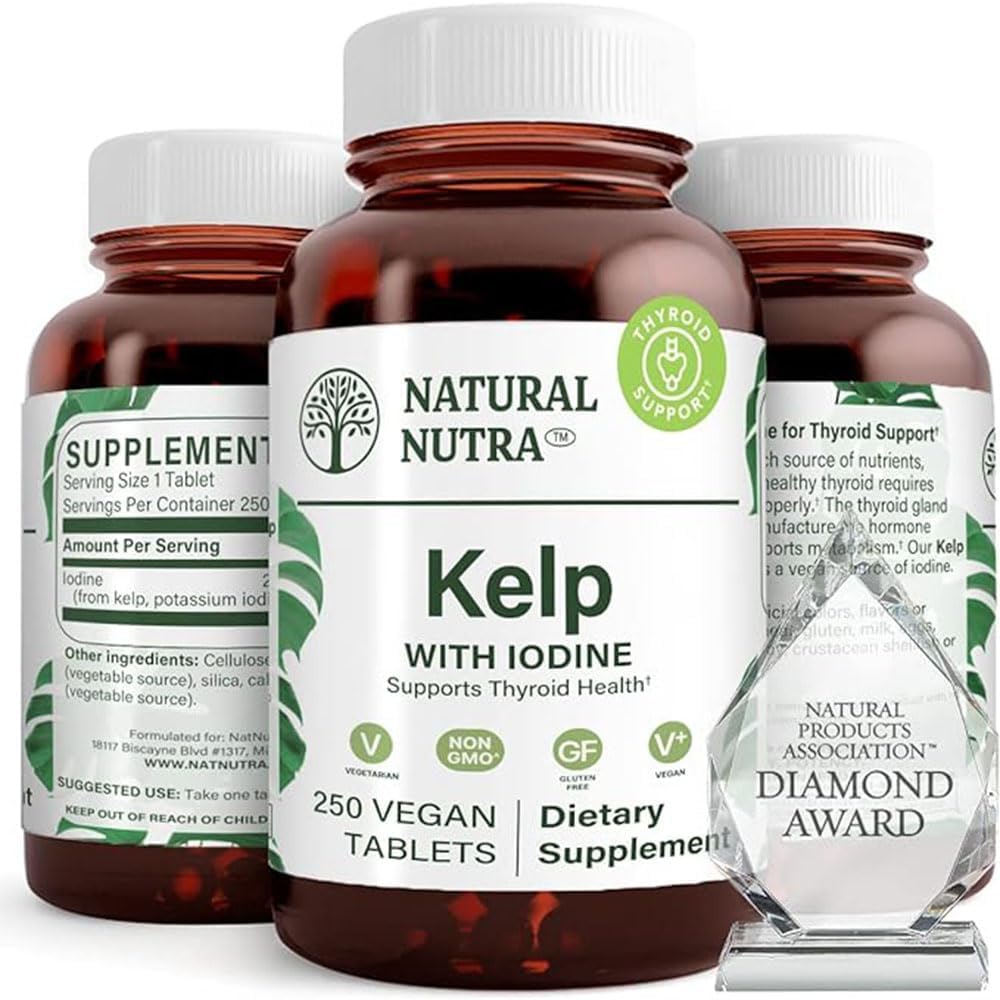 Natural Nutra Kelp Jodi Kilpirauhasen tuki täydentää, vahvistaa immuunijärjestelmää, ja Regulates Metabolia, Vegan Sea Kelp, Non GMO, Atlantic Sourced Seaweed Extract, 225 mikrog, 250 tablettia (Pakkaus 2)