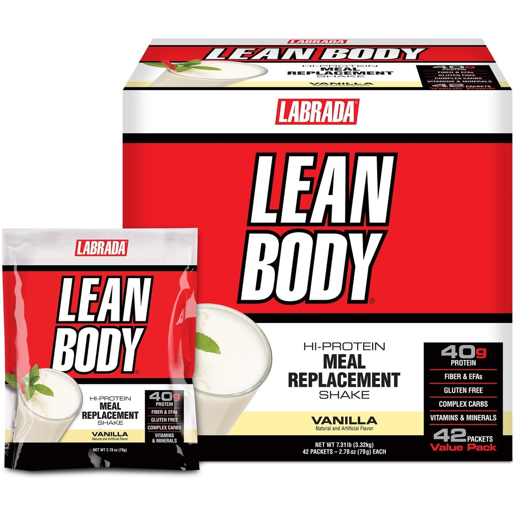 Labrada Lean Body MRP All-In-One Vanilla Ateriankorvike Shake, 40g Proteiinia, Whey Blend, 8g Terveitä Fats EFA: n & Kuitu, 22 Vitamiinia ja kivennäisaineita, Ei keinotekoista väriä, Gluteeniton, (42 Packets)