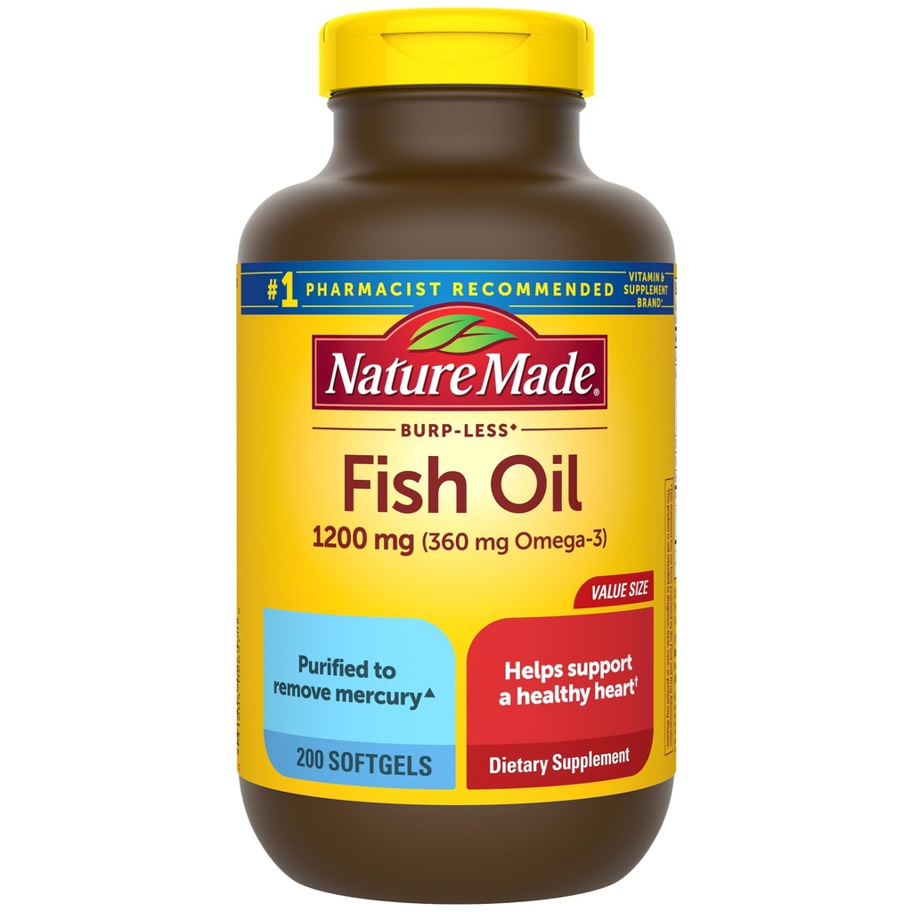 Luonto Made Burp Vähemmän Fish Oil Omega 3 Lisäravinteet, 1200 mg Softgels, Omega 3 Fish Oil for Healthy Heart Support, 200 Softgels, 100 päivän tarjonta