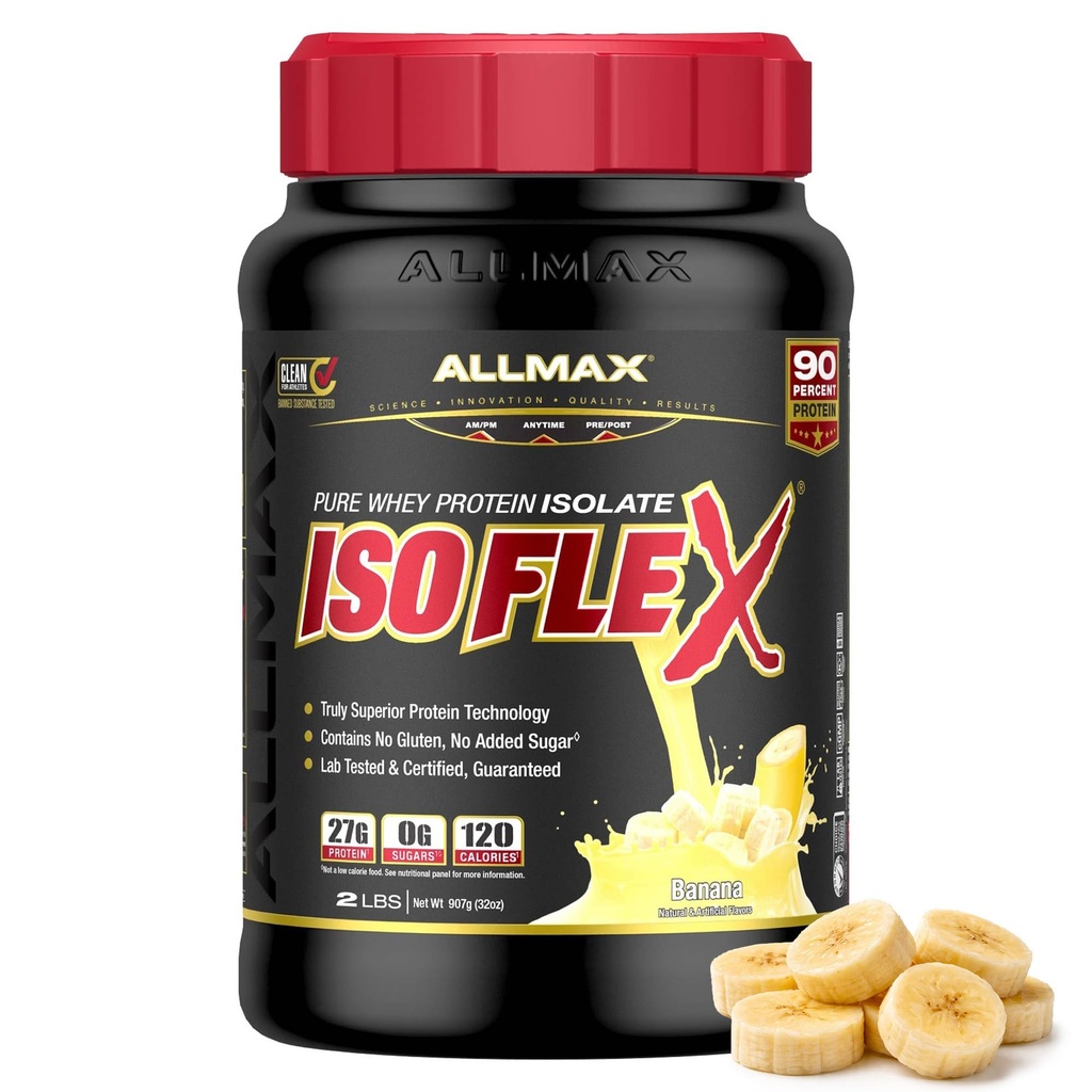 ALLMAX Nutrition ISOFLEX Whey Protein Isolate, banaani - 2 lb - 27 grammaa proteiinia per Scoop - nolla rasvaa ja sokeria - 99% Laktoositon - Gluteeniton & soijaton - Arvioitu 30 tarjoilu