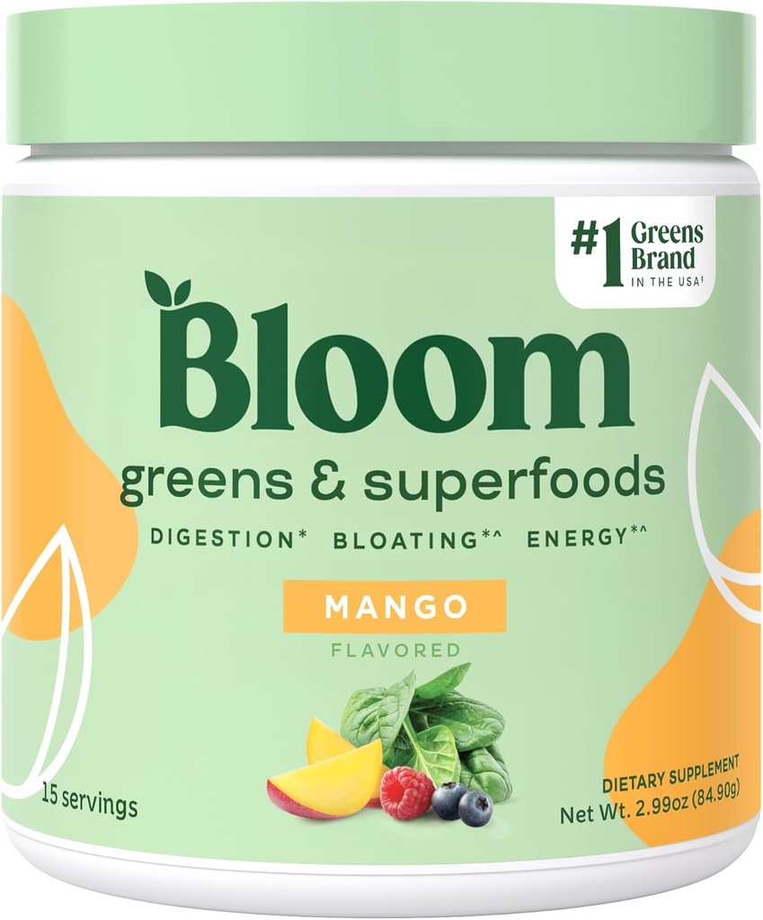Bloom Nutrition Superfood Greens Powder, Dgestive Enzymes w/Probiootit & Prebiootit, Gut Health, Bloating Relief for Women, Klorella, 15 SVG (15 Servings (Pack of 1), Mango)