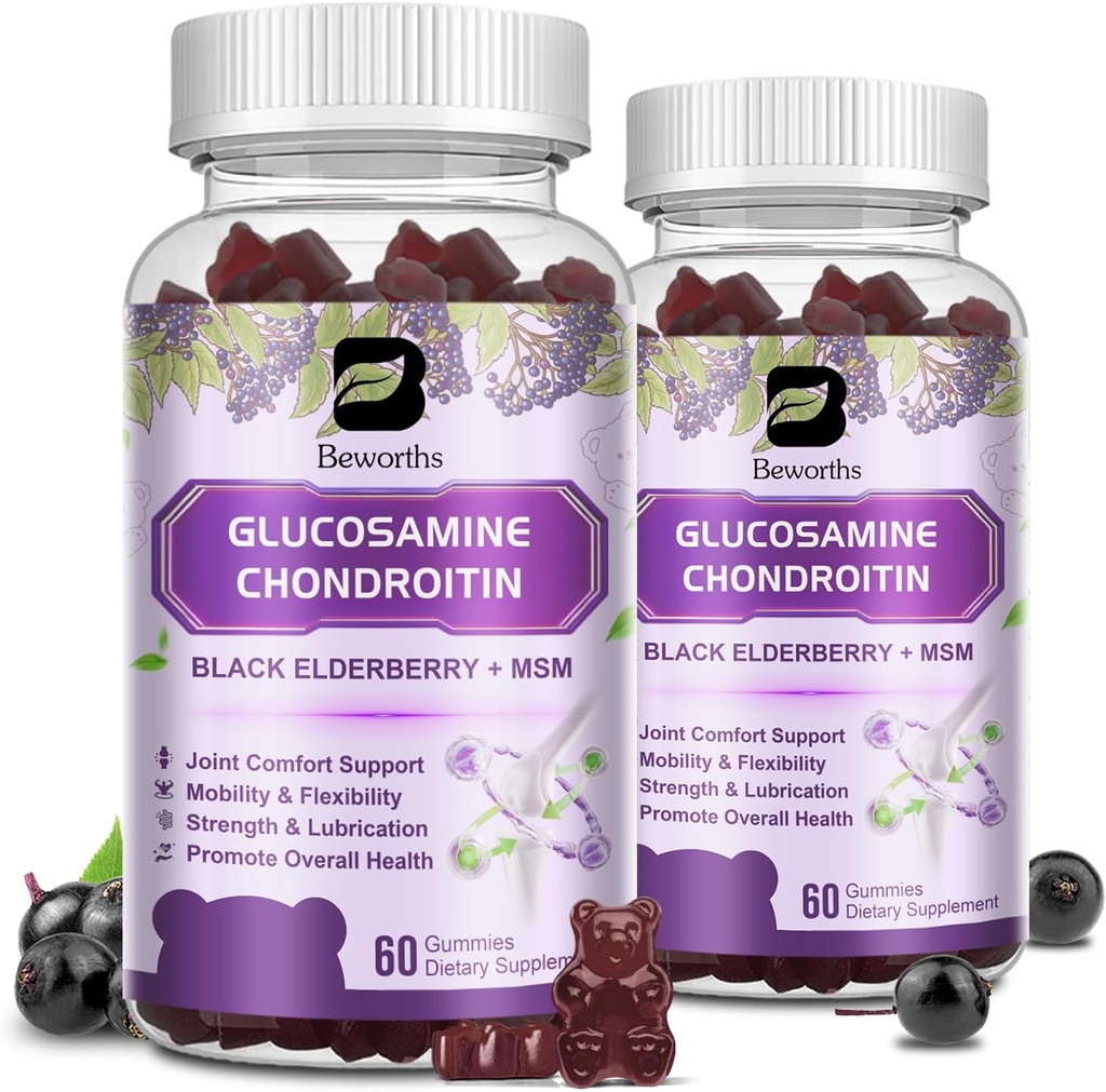 (2 pakkaus) Glukosamiini Chondroitin Gummies, Extra Strength yhteinen tuki täydentää MSM & Elderberry liikkuvuutta ja joustavuutta, antioksidantti tuki miehille ja naisille, 120 Gummie