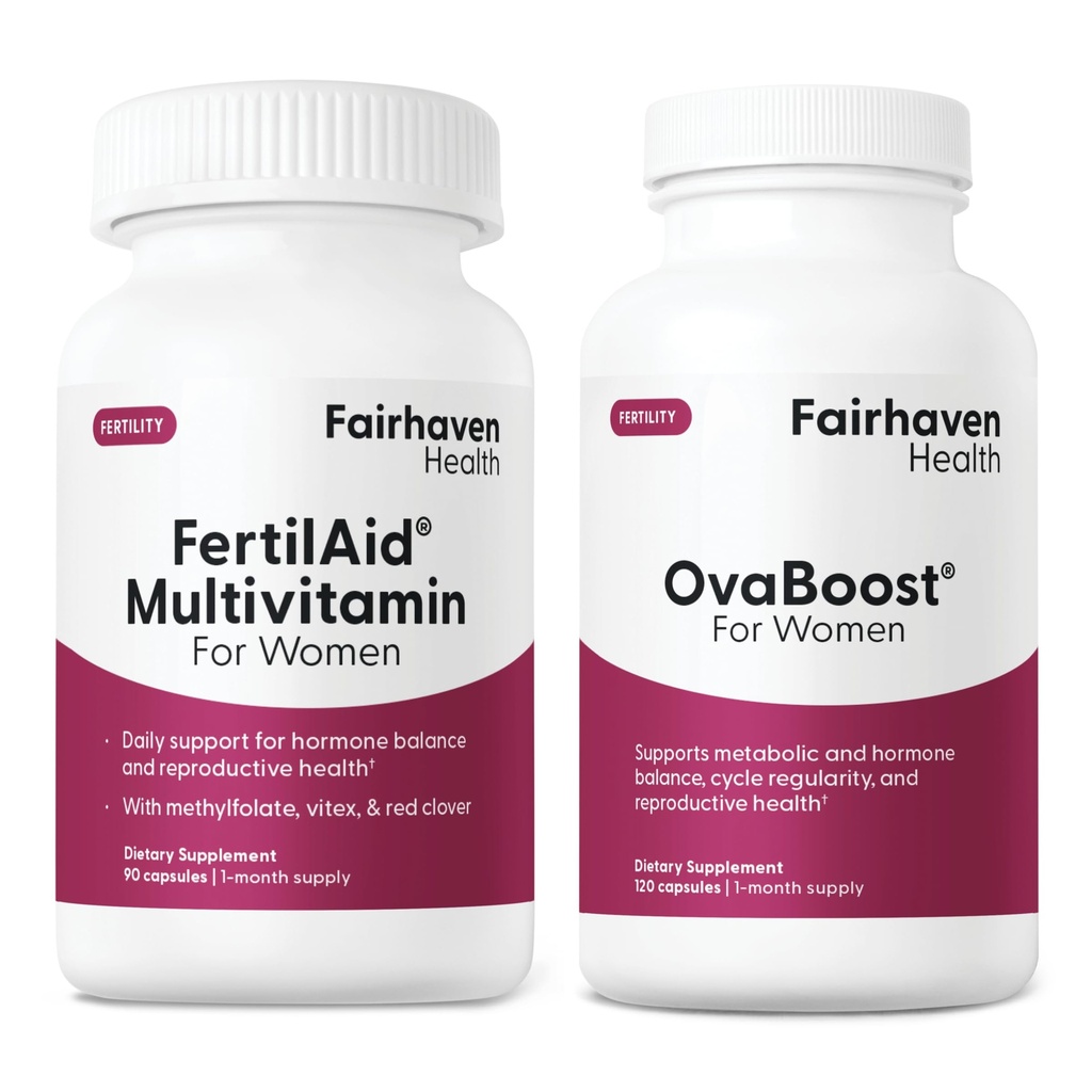 FertilAid för kvinnor & Ovaboost Combo, kvinnlig fertilitetsförsörjning och naturlig fertilitets vitamin med myo-inositol, vitex och vitaminer för att stödja ägglossning, cykelregularitet och äggkvalitet, 1 månads leverans