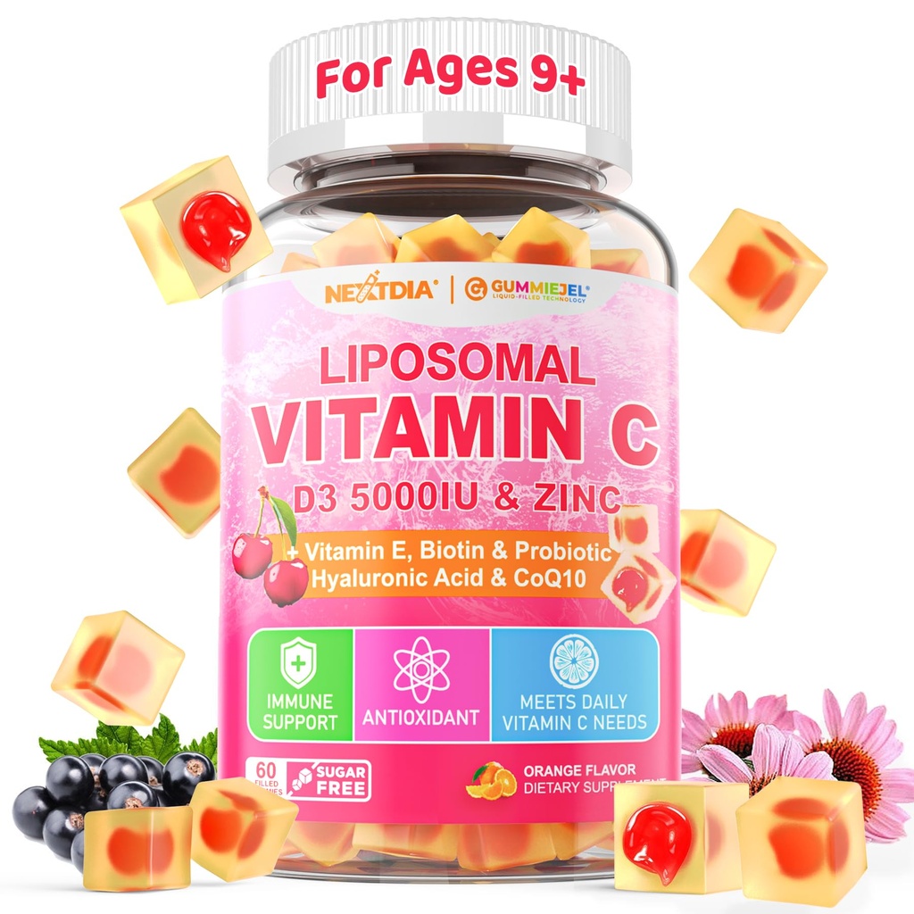 Liposomal Vitamin C 1000mg + D3 5000IU + Zink Fylld Gummies, Folate 800mcg Tuggbart Supplement, Elderberry för Immune, Hyaluronic Acid, VE, för skönhet, energi och övergripande hälsa, Sugar Free, Natural