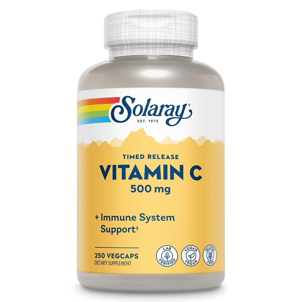 SOLARAY C-vitamiini 500 mg, Kaksivaiheinen aikajulkaisu - Antioksidantti ja immuuni tuki täydentää - C-vitamiinia Rose HIPS ja Acerola, Vegan, Gluteeniton, 60 päivän takuu, 250 tarjoilua, 250 VegCaps