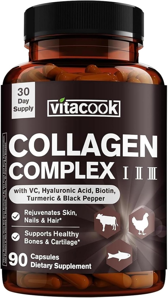 Collagen Peptides Complex, tyyppi I, II, III, 2025 MG, hydrolysoitu Multi Collagen, VC, Biotiini, HA, Turmeric & Black Pepper, iholle, hiuksille, kynsille, 90 kapselia