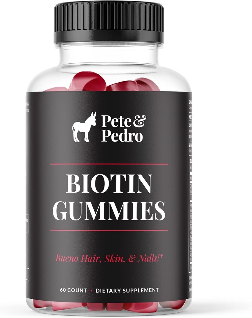 Pete & Pedro BIOTIN Gummies for Hair, Skin & Nails Growth for Women & Men |Hair Grow Supplement for Stronger Skin, & Nails | Cherry Biotin Gummy 5000mcg Per Serving | Sett på Shark Tank, 60 Count