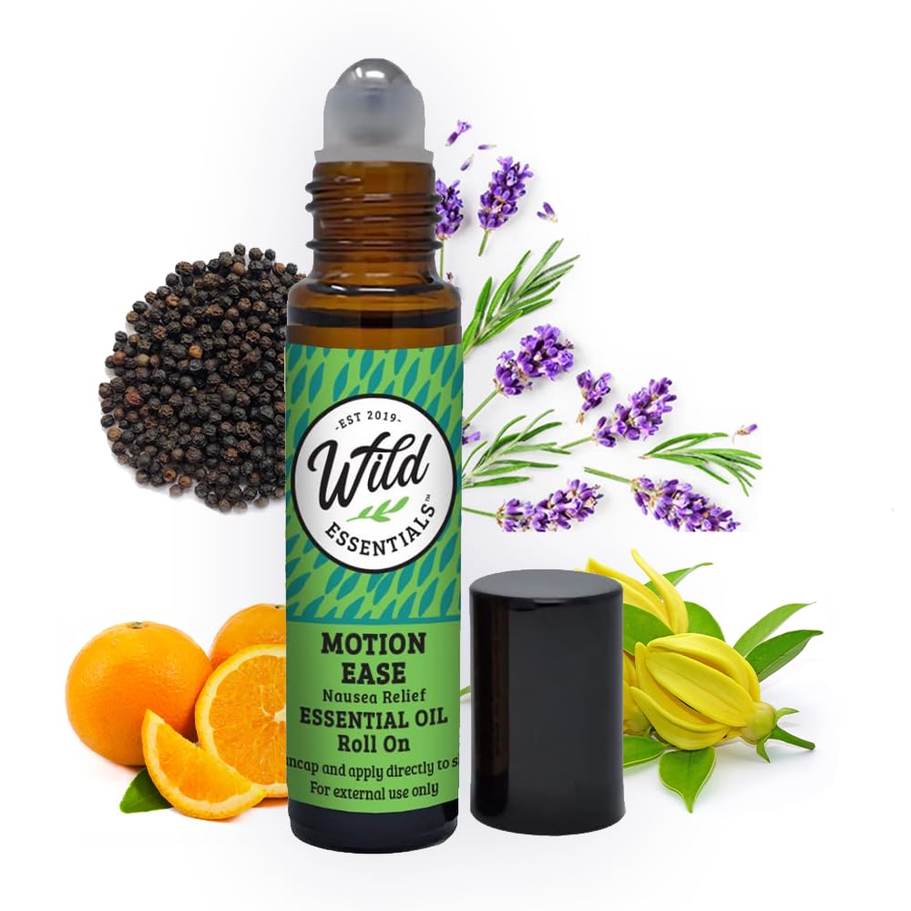 Wild Essentials Motion Ease Essential Oil Roll On, 10ml Motion Pahoinvointi, Vatsavaivat, Huimaus, Huimaus, Seasick, Carsick, Valmistettu Luomu Jojoba Oil, Valmiina käyttöön, Moisturizer, Kaikki luonnolliset