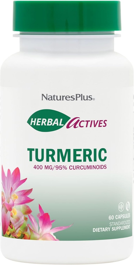 Natures Plus Herbal Actives Kurkuma - 400 mg, 95% Kurkuma, 60 vegaanista kapselia - Kasvissyöjä, Gluteeniton - 60 tarjoilua