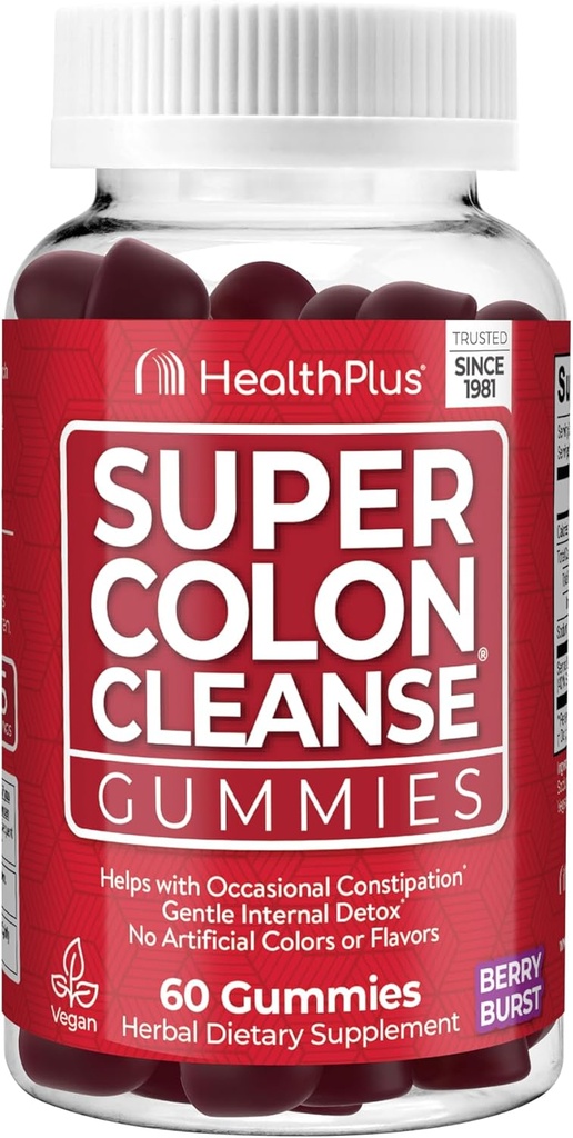 Health Plus Super Colon Cleanse Gummies 15 päivän tarjonta hellä yön yli Relief satunnaisesta ummetus, Natural Senna Leaf Extract, ravintolisä, sekoitettu Berry Flavor, 60 kreivi