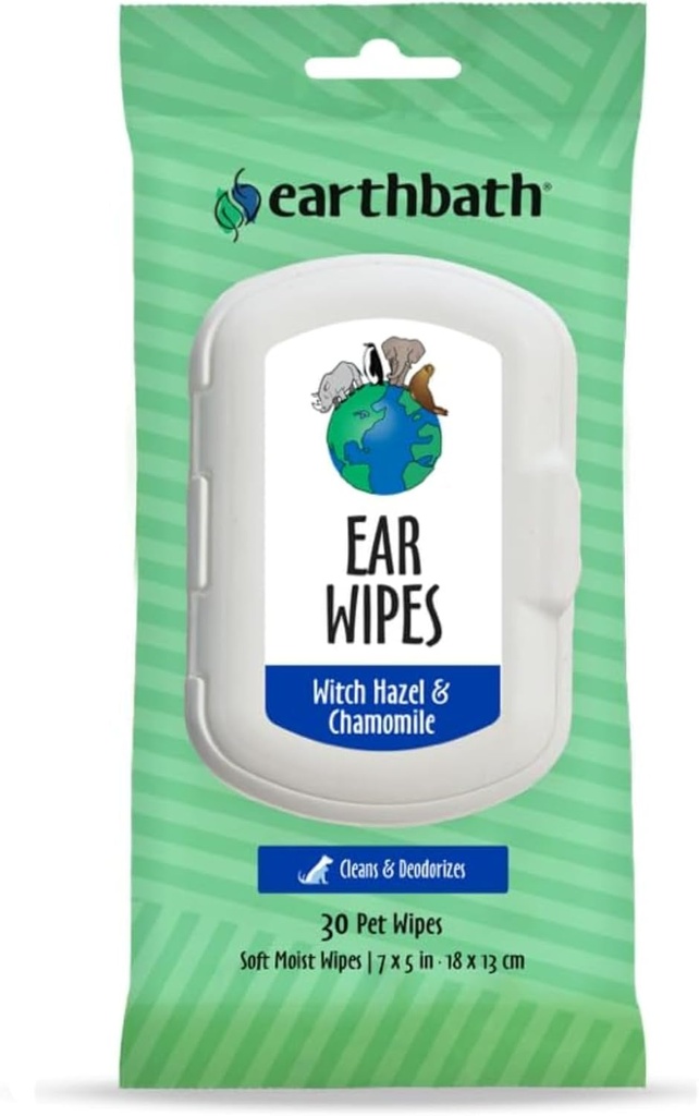 Earthbath Dog Ear Wipes - Gentle Dog Ear Cleaner, Paras lemmikkipyyhkeet koirille ja kissoille, Valmistettu USA:ssa, Julma-vapaa koira pyyhkeet, Pidä lemmikkisi korvat luonnollisesti puhdas & tulehdus ilmainen - 30 Count (1 Pack)
