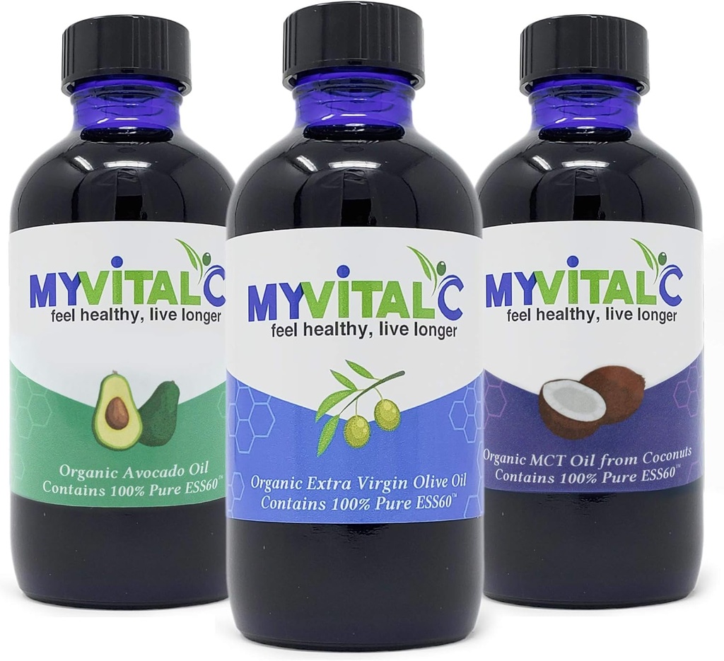MyVitalC Combo of Organic Extra Neitsyt oliiviöljy, MCT & Avocado Oil - ESS60 Antioksidantti täydentää - anti-aging, pitkäikäisyys, uni, energia - pakkaus 3