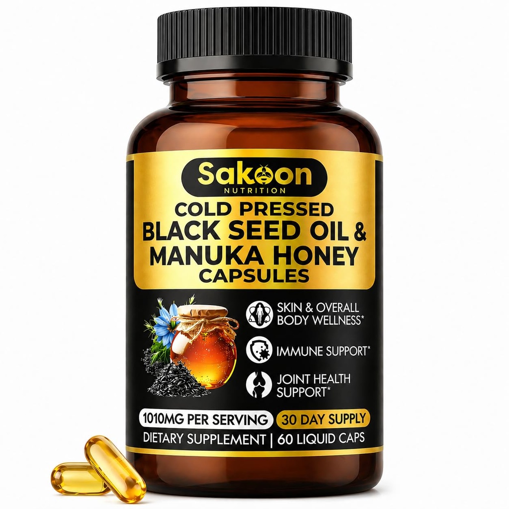 Musta siemenöljy kapselit - Uuden-Seelannin Manuka Honey, Kylmä Pressed Turkin Nigella Sativa Oil, 2% Thymokinonin, Immuuni & Dgestive Support, Made in USA, 60 Count, 1010mg per annos