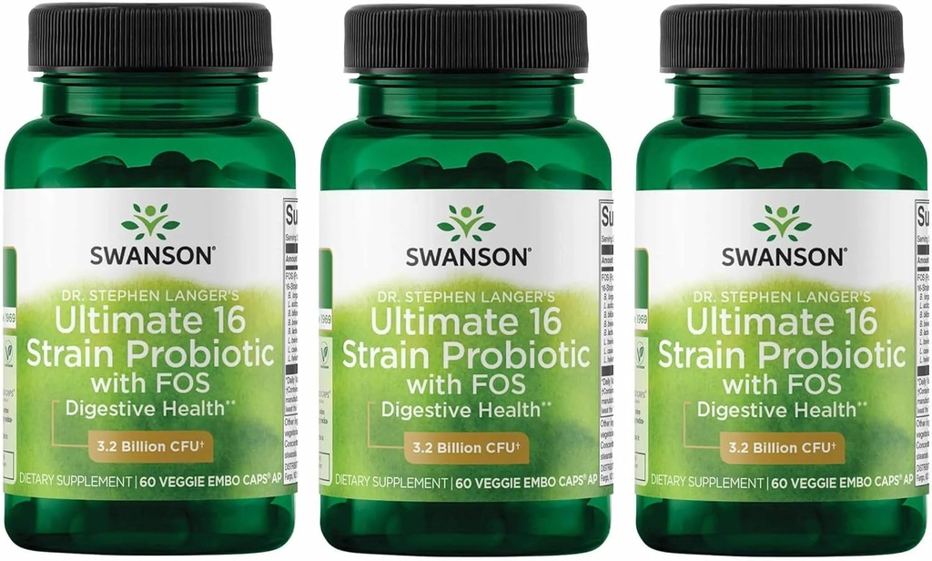 Swanson Dr. Stephen Langers Formel - Natural Probiotic w/Prebiotic FOS - 16-Strain Supplement Promoting Digestive Support w/3.2 Billion CFU per Capsule - (60 Veggie Capsules) 3 Pack