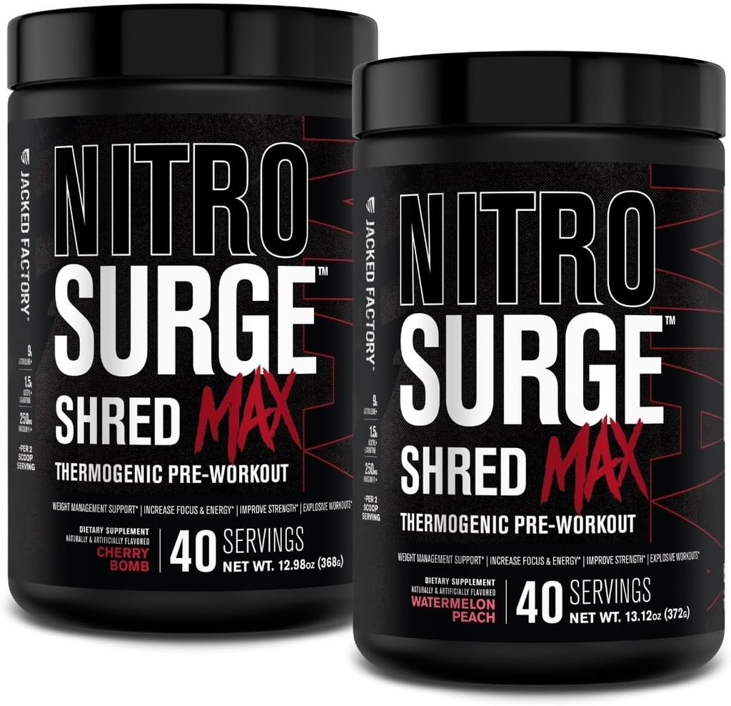 Jacked Factory Nitrosurge Shred Max Preworkout - High-Performance Thermogenic Pre Workout Powder med L Citrulline, Acetyl L Carnitine, organisk koffein - 80 portioner, Cherry Bomb & Watermelon Peach