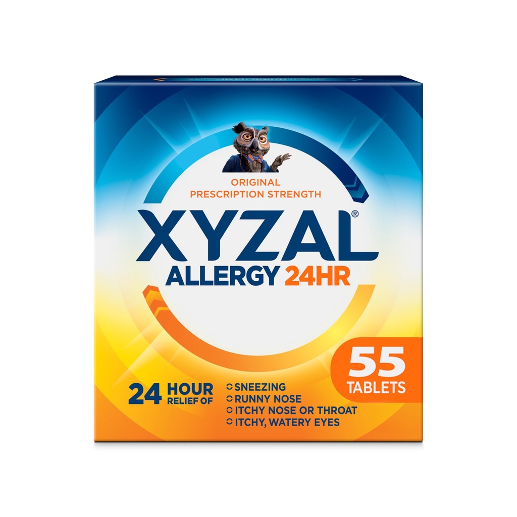 Xyzal 24 tuntia Allergialääke, alkuperäinen reseptin vahvuus Antihistamiini, levocetiritsiinidikloriditabletit 5 mg, 55
