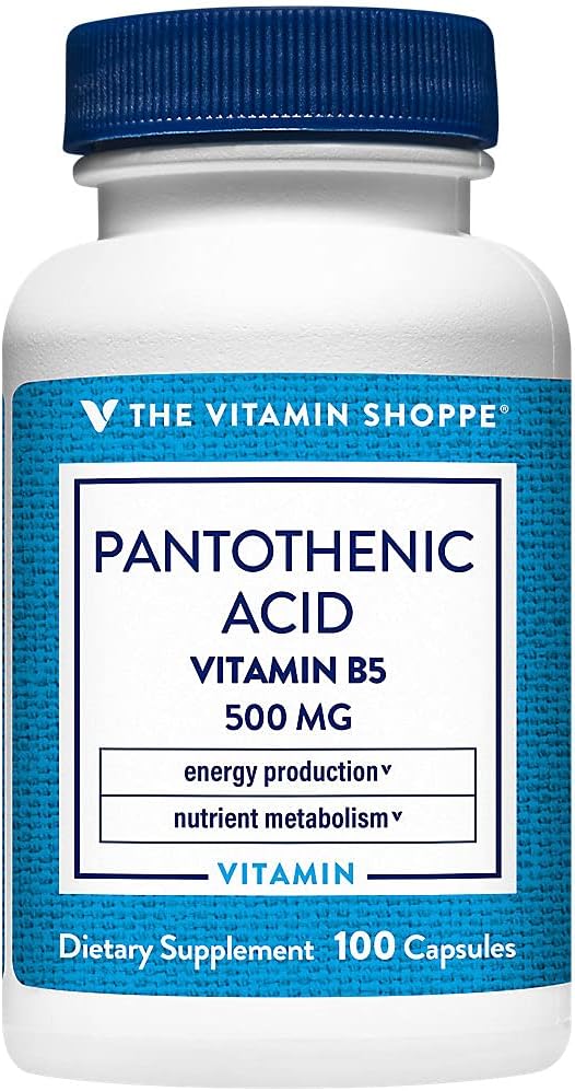 Vitamiini Shoppe Pantotenic Acid 500MG, jossa on B5-vitamiini, tukee energian tuotanto & hiukset, iho, kynnet, kerran päivässä (100 kapselia)