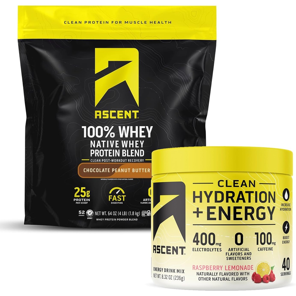 Nousu 100% Whey Protein Powder, Chocolate Peanut Butter 4 lb & Hydration + Energy Electrolytes, Vadelma sitruunaa 40 tarjoilua