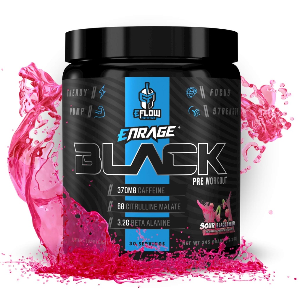 eFlow Nutrition Enrage Black High Stimulant Pre Workout Supplement - Preworkout Powder för att öka energi, pumpar och styrka - 4 smaker (30 portioner) (Sour Black Cherry)