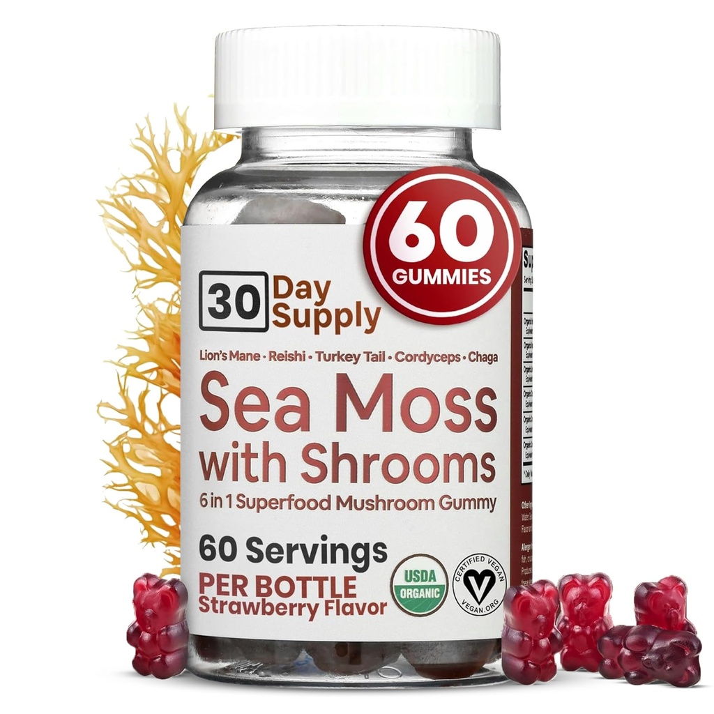 Sea Moss Gummies med Lions Mane Mushroom - Sea Moss Gel Alternative med Irish Moss, Reishi, Cordyceps, Chaga & Turkey Tail Supplement - Fokus Gummy utan kaffe - 60 ct