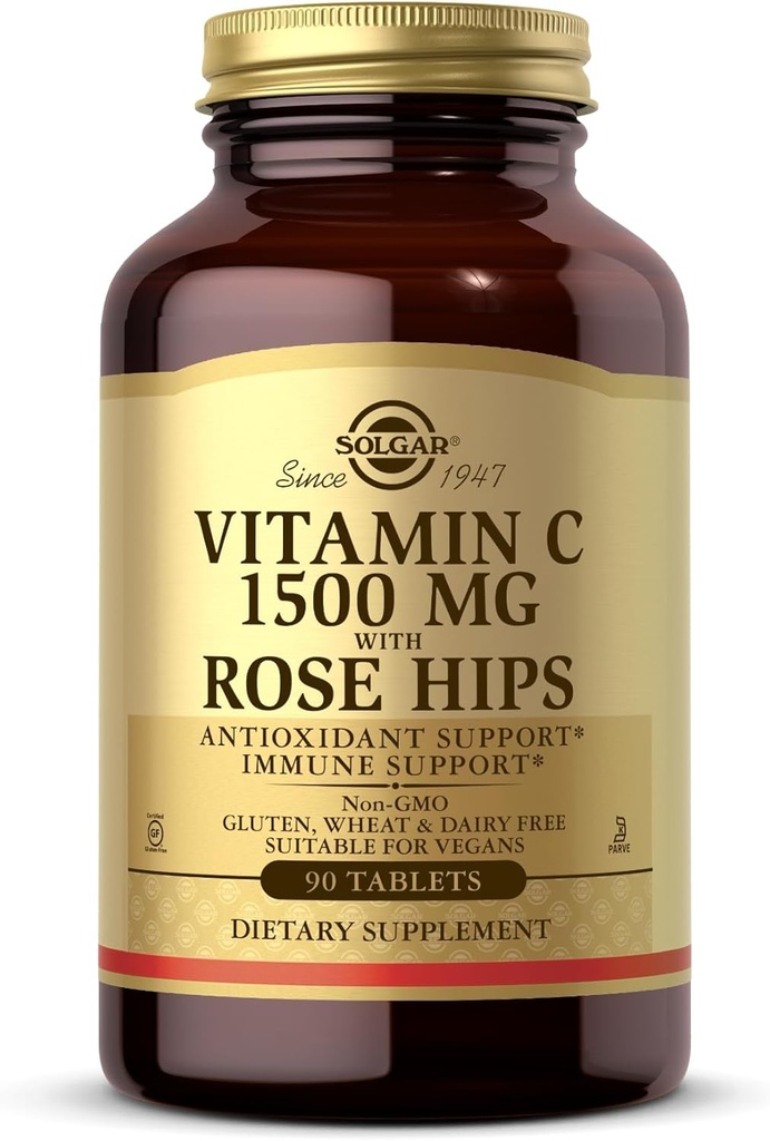 Solgar C-vitamiini 1500 mg Rose HIPS, 90 tablettia - antioksidantti ja immuuni tuki - yleinen terveys - tukee terveitä iho-ja niveliä - ei-GMO, vegaaninen, Gluteeniton, Dairy Free, Kosher - 90 tarjoilua