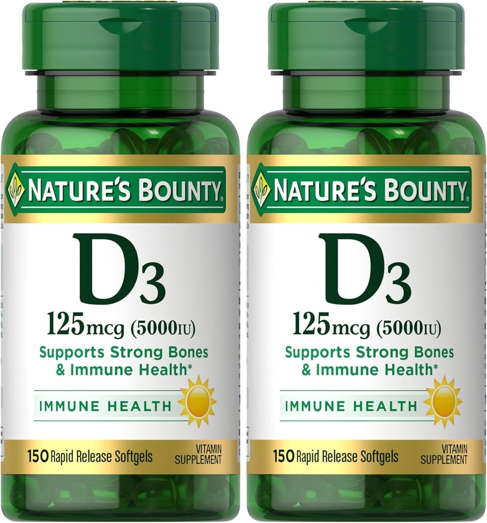 Nature's Bounty D3-vitamiini, Immuuni- ja luutuki, 5000IU, Rapid Release Softgels, 150 Ct (pakkaus 2)