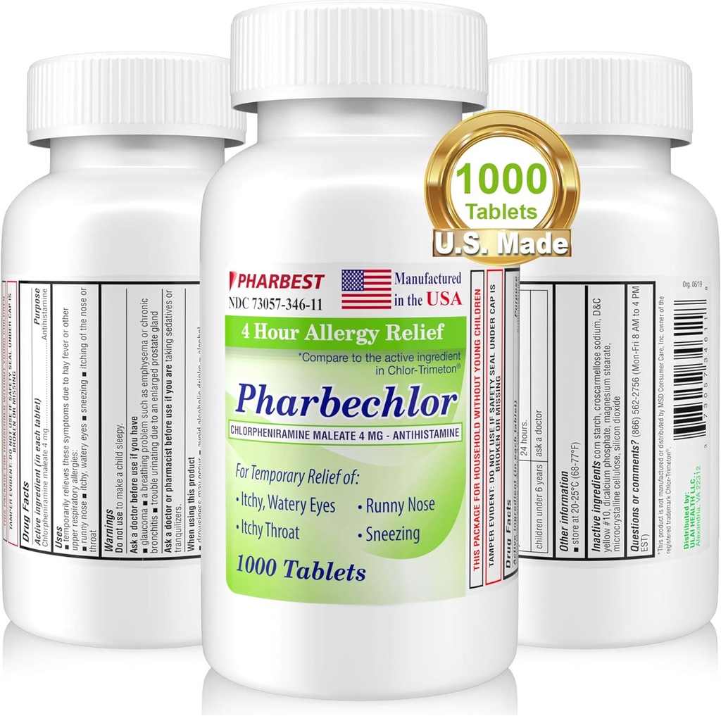 Ulai 4 Hour Allergy Relief 1000 Ct [Made in USA] | Itchy, Watery Eyes, Runny Nose, Sneezing, Sinus Relief | Chlorpheniramine Maleate 4 mg | Antihistamin Allergy Medicine Pharbechlor (1 flaska)