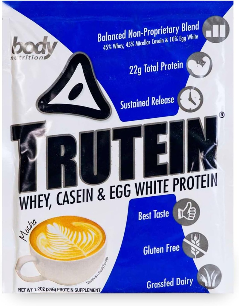 Body Nutrition Trutein High Protein Powder: 45% Whey, 45% Kaseiini, 10% Egg White, Gluteeniton, Alhainen natrium, Grass Fed Whey Protein Powder, kuntosali Supplement & Breakfast Shake, Mocha, 34g Näyte