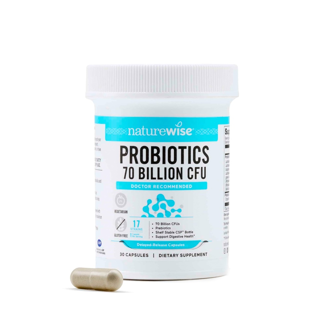 NatureWise Probiotics 70 miljarder CFU - 17 stammar + organisk prebiotika - Immun, Digestive & Gut Health Support för kvinnor och män - Vegetarisk, glutenfri, icke-GMO - 30 kapslar