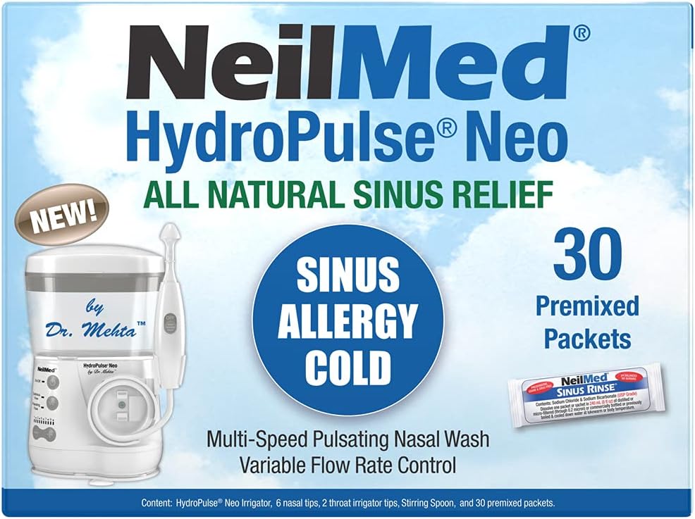 NeilMed HydroPulse Neo. Multi-Speed Electric sykkivä Nasal Sinus kastelujärjestelmä 30 Sinus Rinse Premic Packets.