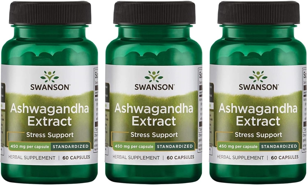 Swanson Ashwagandha Extract-Natural Supplement Främja ett hälsosamt stressrespons, energistöd och nervsystem Hälso-Ayurvedic Supplement för naturligt välbefinnande-(60 kapslar, 450mg varje) (3 Pack)