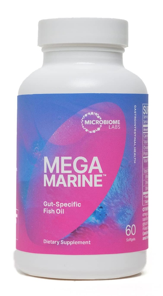 Microbiome Labs MegaMarine Omega 3 Fish Oil Supplements - Gut-Specific EPA DHA Omega 3 täydentää DPA Gut Health - Tuki Immuuni & Gut Barrier Function (60 Softgels)