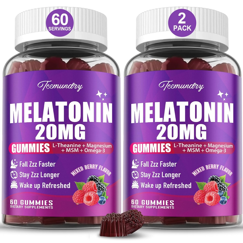 Melatoniini Gummies 20 mg aikuisille - Maximum Strength Melatoniini Gummies kanssa L-Theanine, Magnesium, Omega-3, MSM, D3 & Sinkki - ei-Habittinen Forming, Vegan, Non GMO, Natural Mixed Berry Flavor