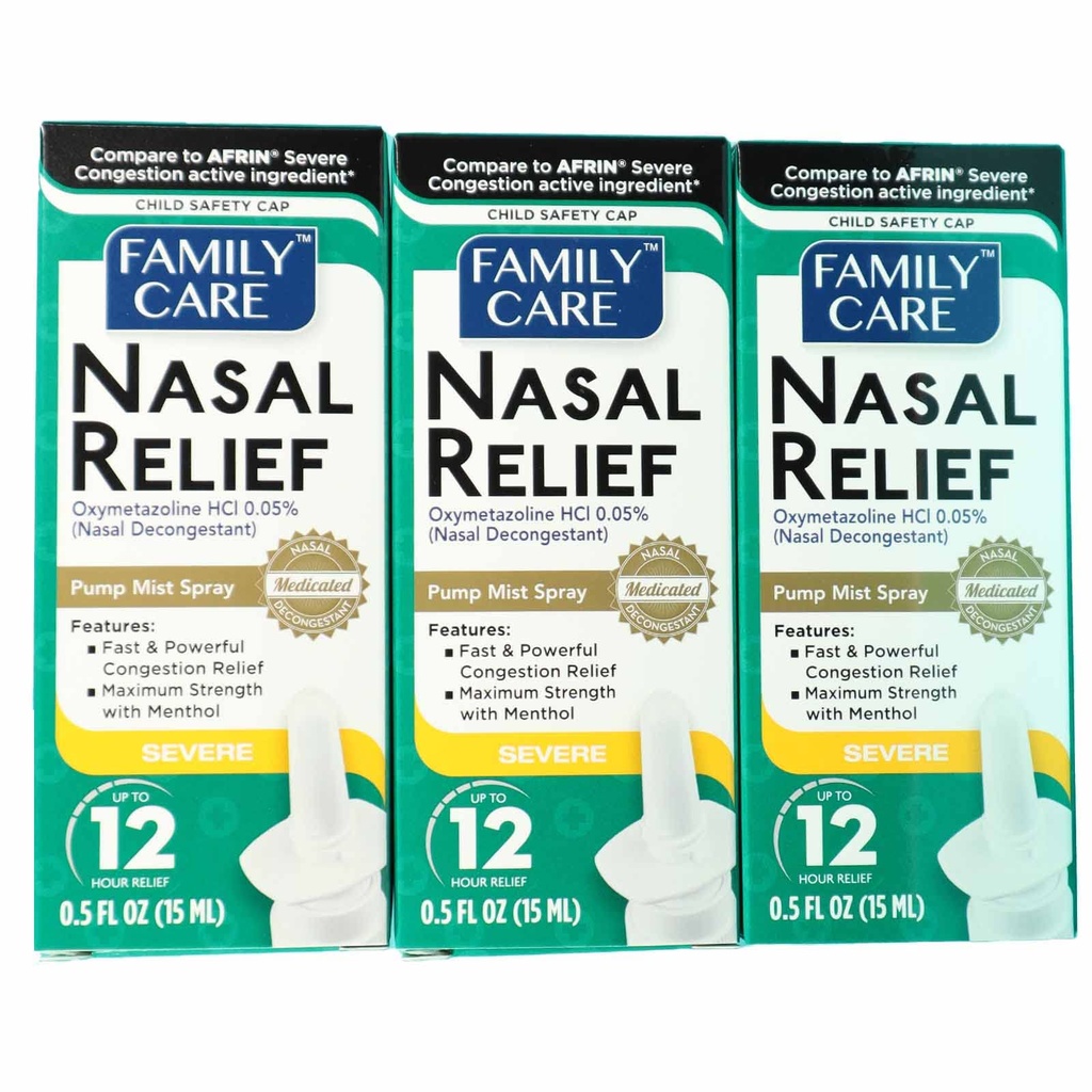 FamilyCare Nesal Relief Spray, Pump Mist, Anti-tiputuksen, vaikea ruuhkautuminen, (Oxymetatsoliini HCI) 12 tuntia, 3 pakkaus