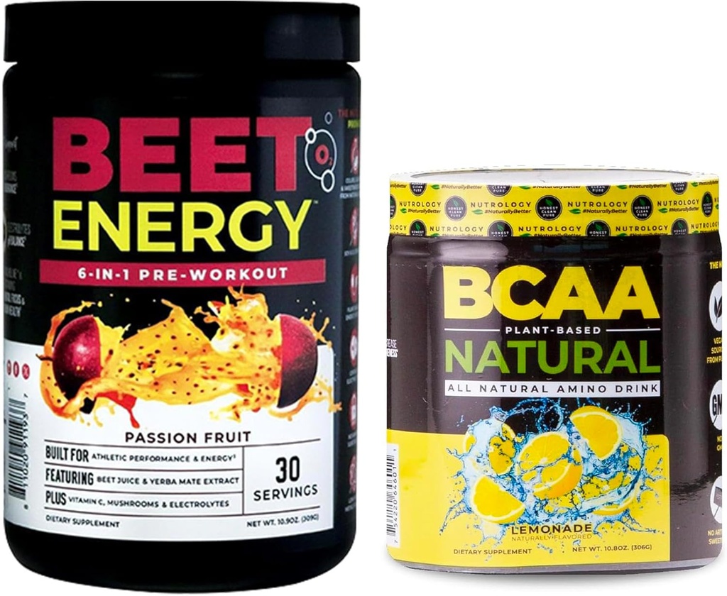 Nutrology Beet Natural O2, Pre workout Powder, Passion Fruit Flavor (30 tarjoilua) BCAA Natural, Plant Based BCAA Powder, Lemonade Flavor (30 tarjoilua)